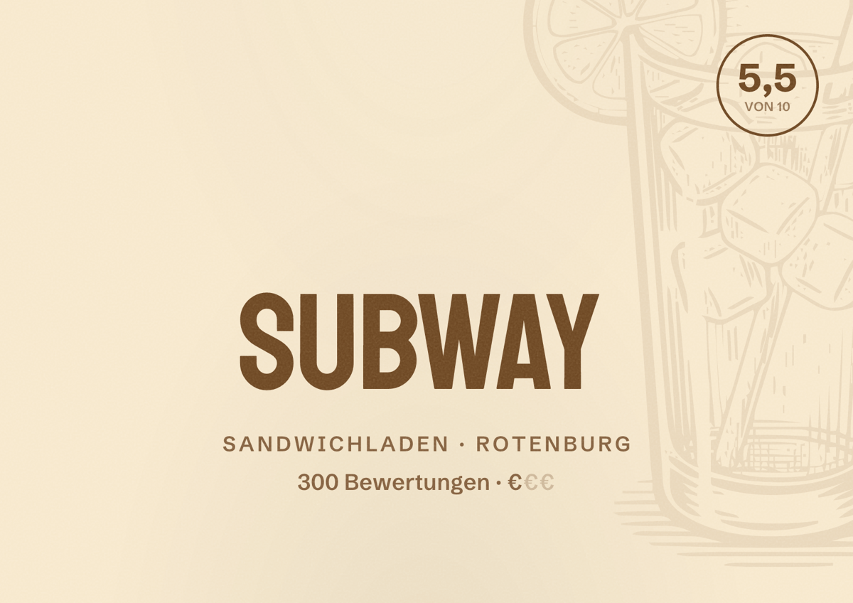Illustriertes Poster von Subway, Sandwichladen in Rotenburg: Bewertung 5,5 von 10 aus 300 Bewertungen, Preisniveau €
