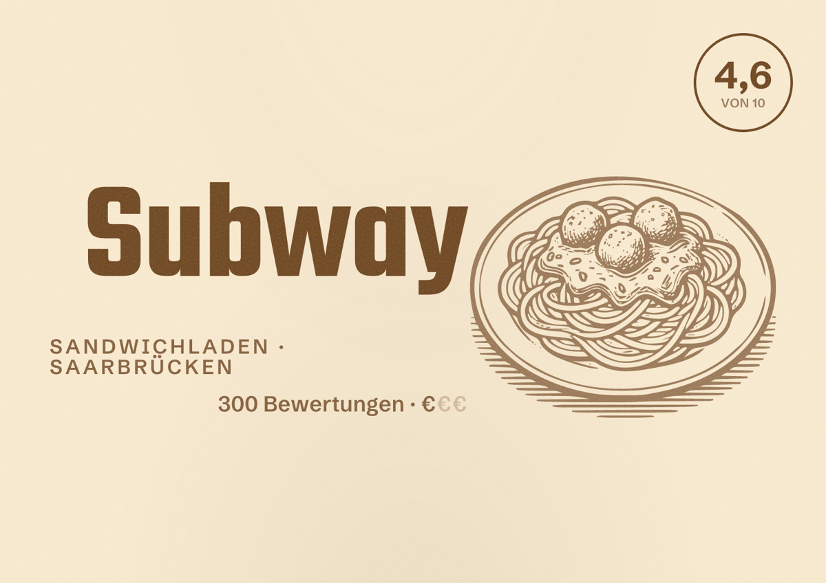 Illustriertes Poster von Subway, Sandwichladen in Saarbrücken: Bewertung 4,6 von 10 aus 300 Bewertungen, Preisniveau €