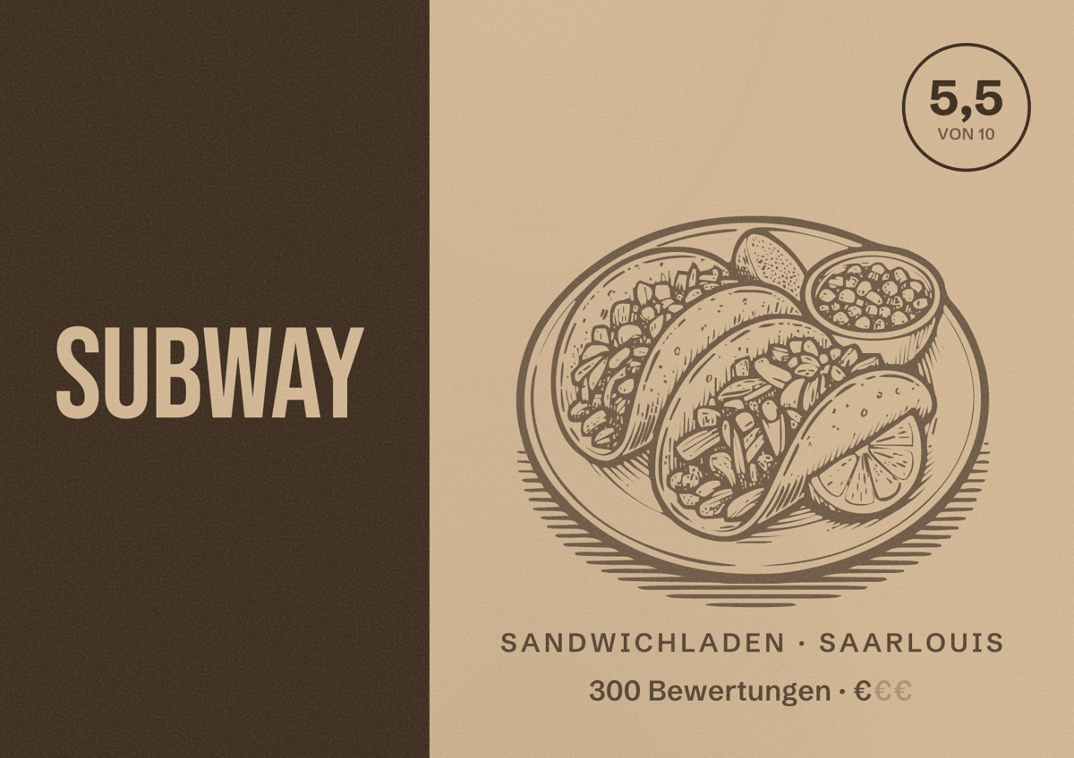 Illustriertes Poster von Subway, Sandwichladen in Saarlouis: Bewertung 5,5 von 10 aus 300 Bewertungen, Preisniveau €