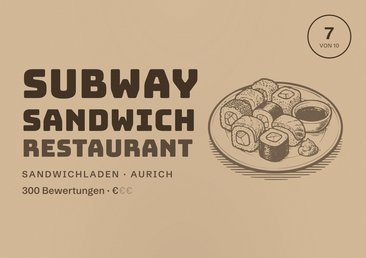 Illustriertes Poster von Subway Sandwich Restaurant, Sandwichladen in Aurich: Bewertung 7 von 10 aus 300 Bewertungen, Preisniveau €