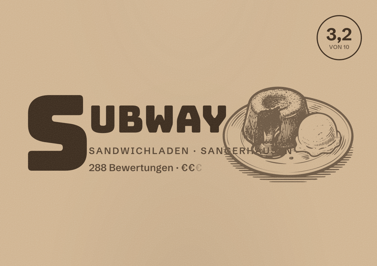 Illustriertes Poster von Subway, Sandwichladen in Sangerhausen: Bewertung 3,2 von 10 aus 288 Bewertungen, Preisniveau €€