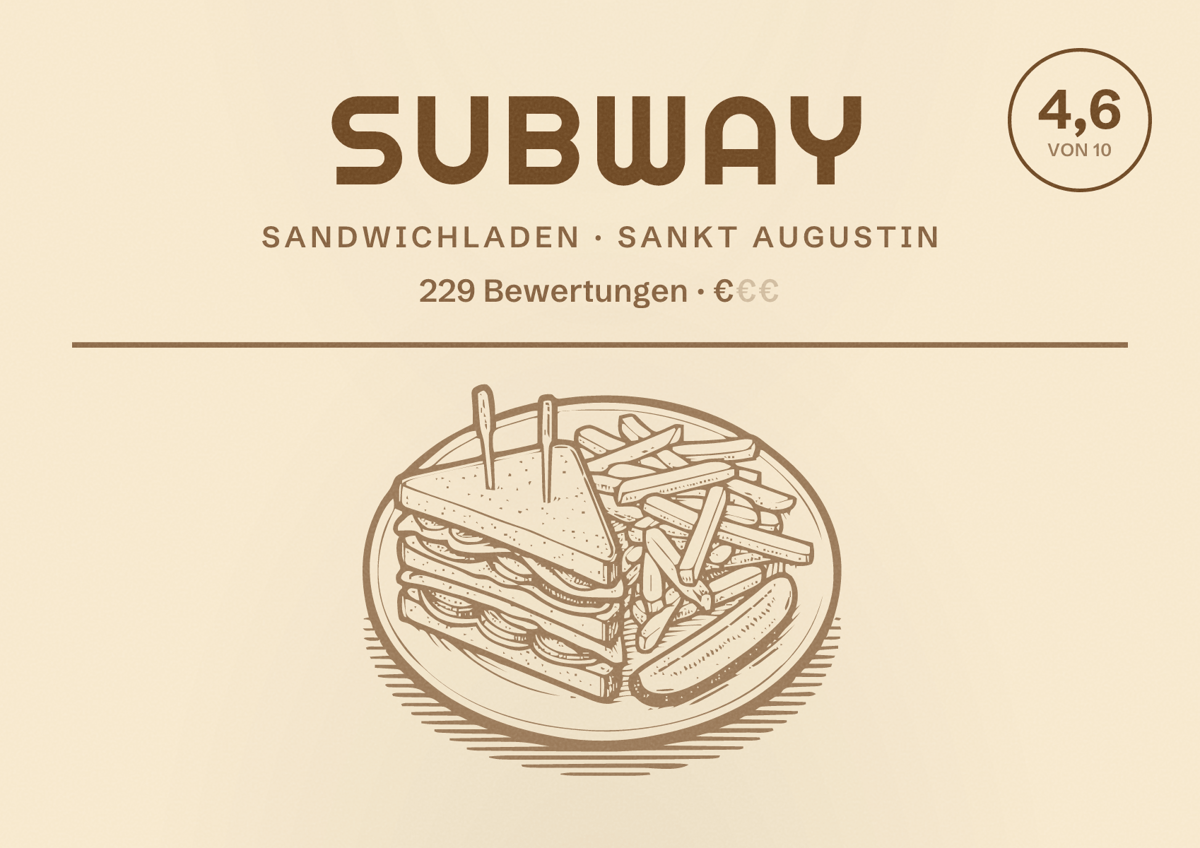 Illustriertes Poster von Subway, Sandwichladen in Sankt Augustin: Bewertung 4,6 von 10 aus 229 Bewertungen, Preisniveau €