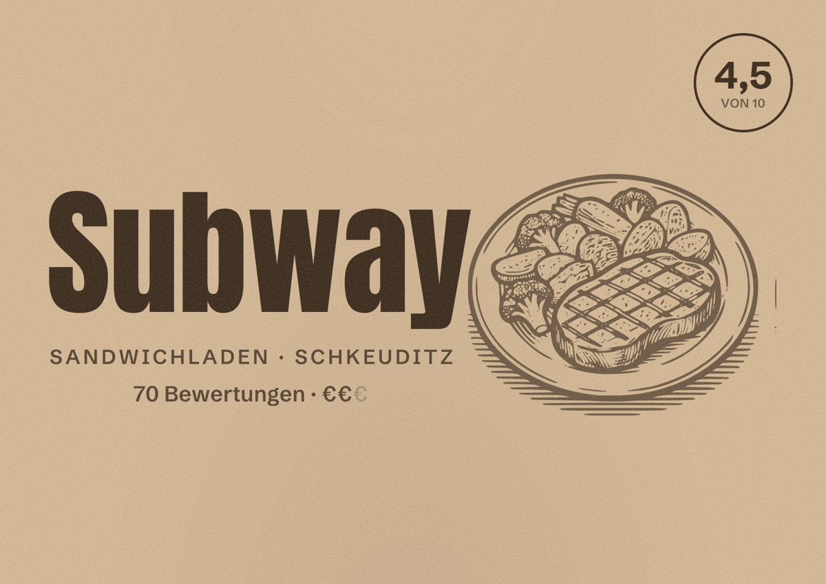 Illustriertes Poster von Subway, Sandwichladen in Schkeuditz: Bewertung 4,5 von 10 aus 70 Bewertungen, Preisniveau €€