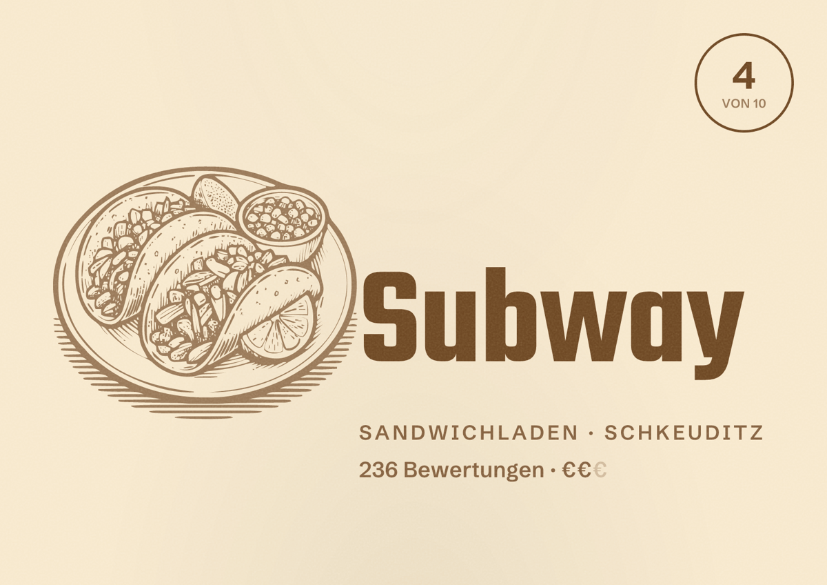 Illustriertes Poster von Subway, Sandwichladen in Schkeuditz: Bewertung 4 von 10 aus 236 Bewertungen, Preisniveau €€