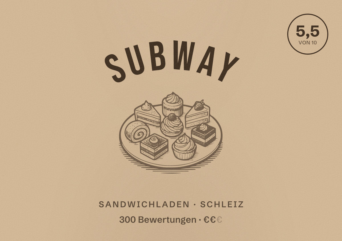 Illustriertes Poster von Subway, Sandwichladen in Schleiz: Bewertung 5,5 von 10 aus 300 Bewertungen, Preisniveau €€
