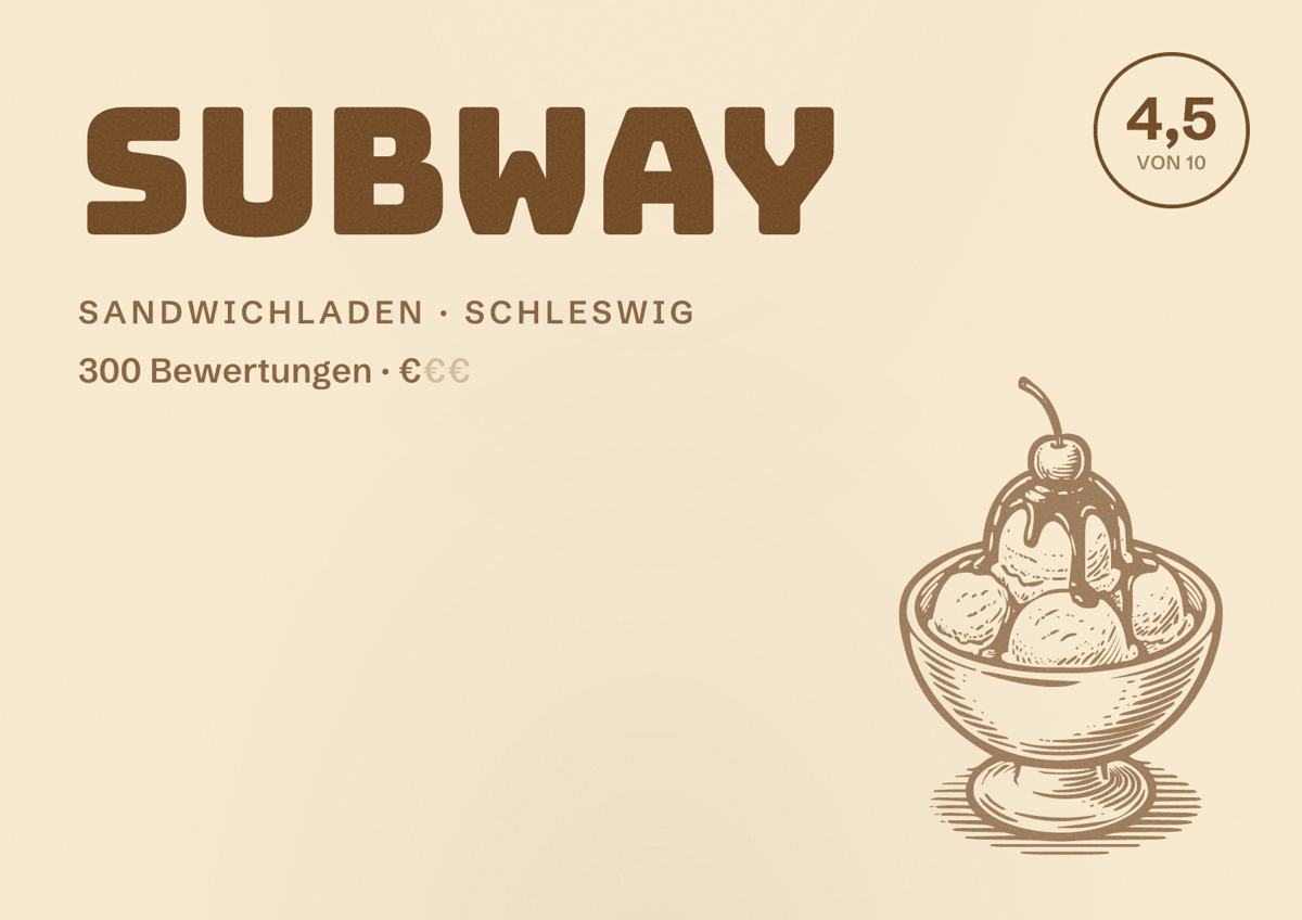 Illustriertes Poster von Subway, Sandwichladen in Schleswig: Bewertung 4,5 von 10 aus 300 Bewertungen, Preisniveau €
