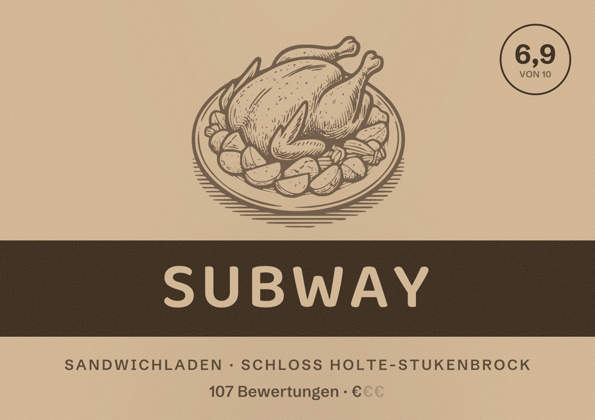 Illustriertes Poster von Subway, Sandwichladen in Schloß Holte-Stukenbrock: Bewertung 6,9 von 10 aus 107 Bewertungen, Preisniveau €