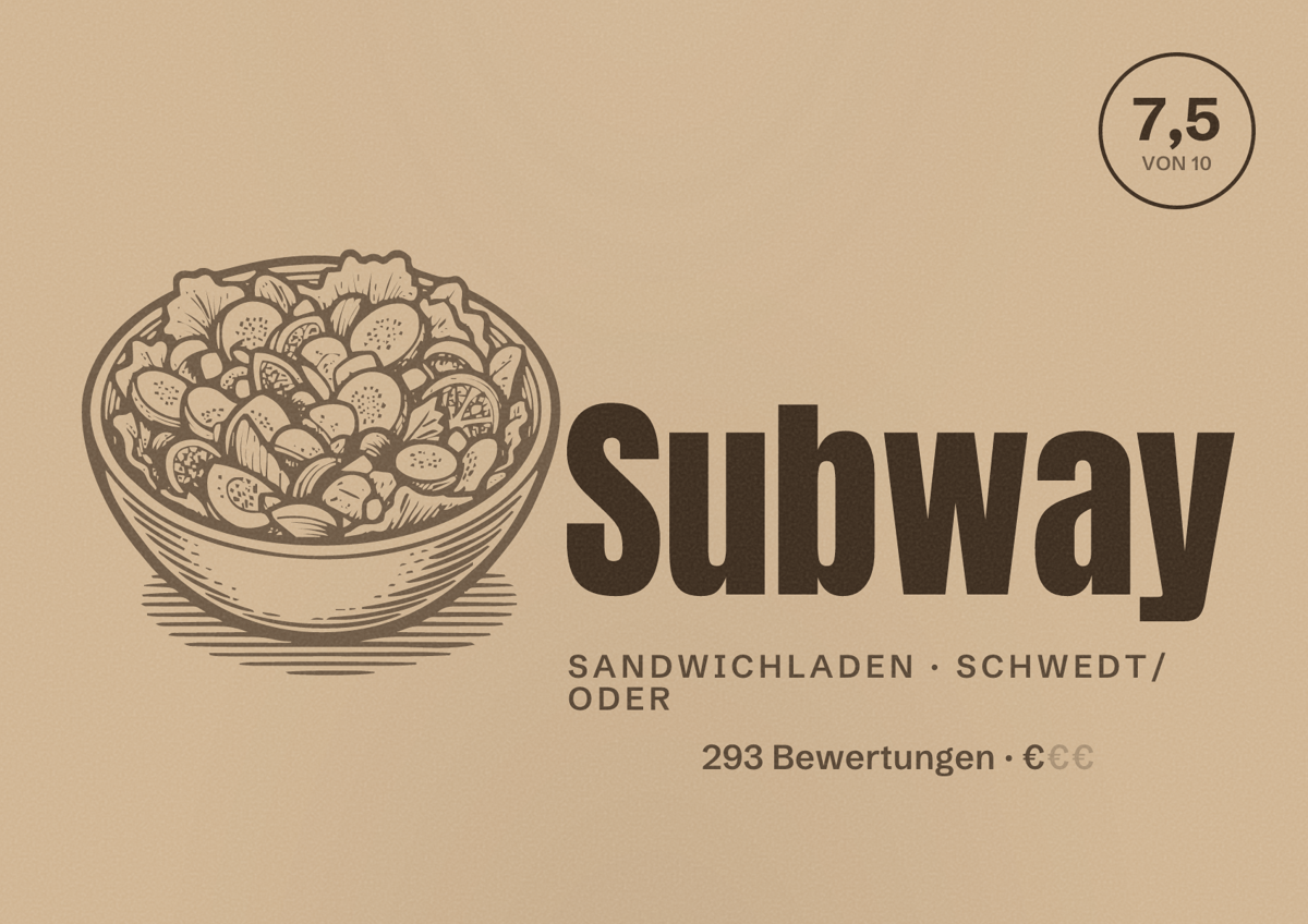Illustriertes Poster von Subway, Sandwichladen in Schwedt/Oder: Bewertung 7,5 von 10 aus 293 Bewertungen, Preisniveau €