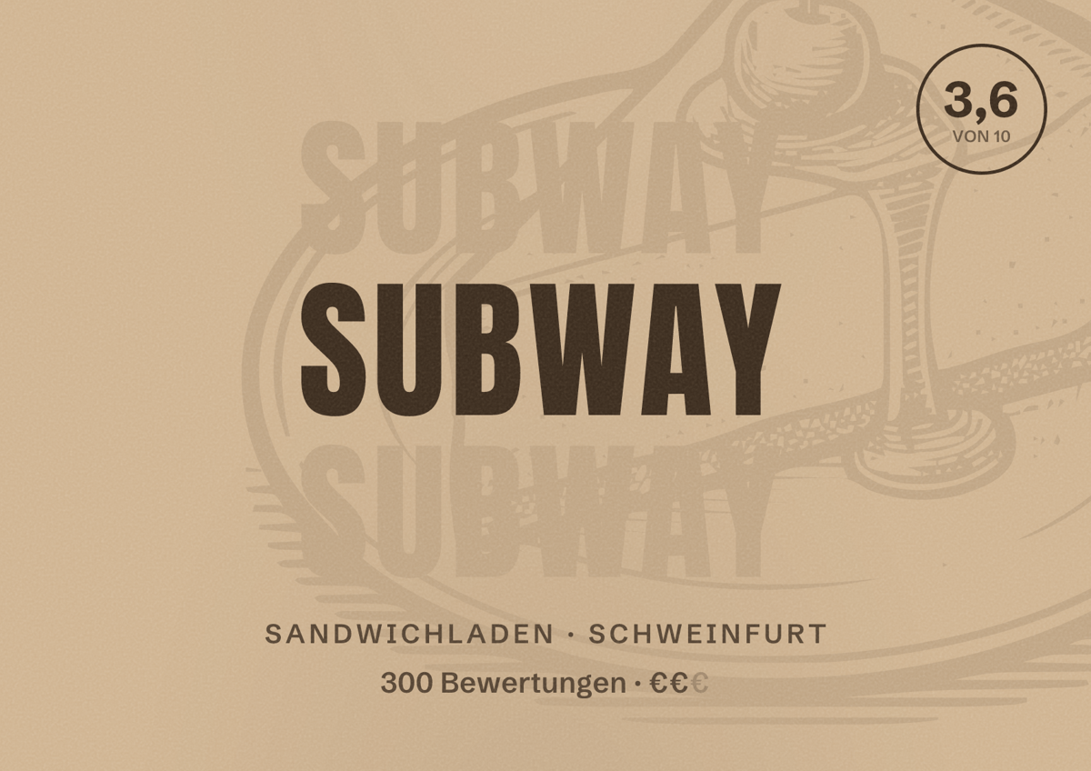 Illustriertes Poster von Subway, Sandwichladen in Schweinfurt: Bewertung 3,6 von 10 aus 300 Bewertungen, Preisniveau €€