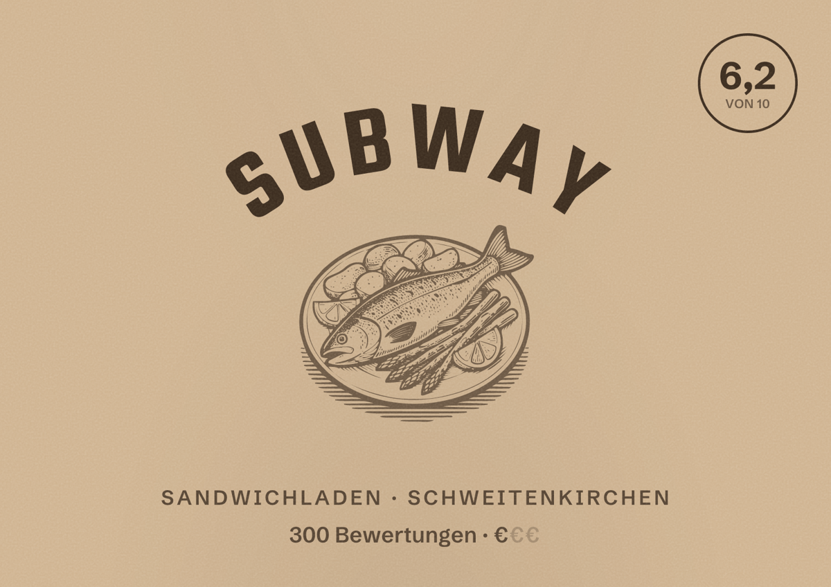 Illustriertes Poster von Subway, Sandwichladen in Schweitenkirchen: Bewertung 6,2 von 10 aus 300 Bewertungen, Preisniveau €