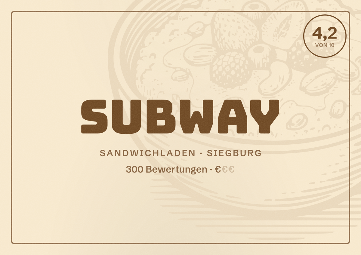 Illustriertes Poster von Subway, Sandwichladen in Siegburg: Bewertung 4,2 von 10 aus 300 Bewertungen, Preisniveau €