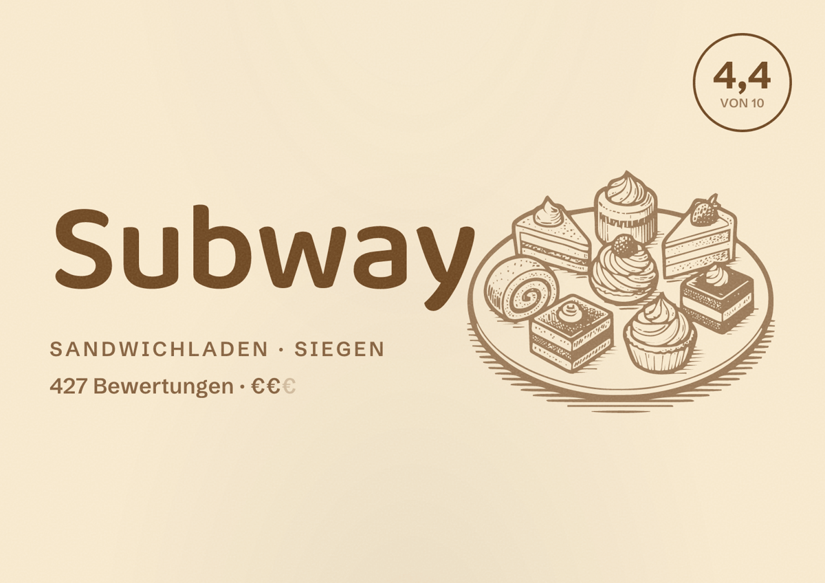 Illustriertes Poster von Subway, Sandwichladen in Siegen: Gästebewertung 4,4 von 10 aus 427 Bewertungen