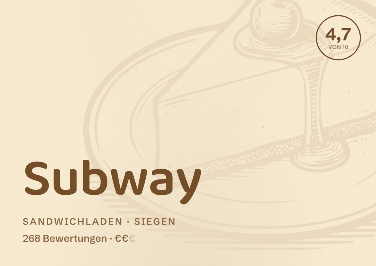 Illustriertes Poster von Subway, Sandwichladen in Siegen: Bewertung 4,7 von 10 aus 268 Bewertungen, Preisniveau €€