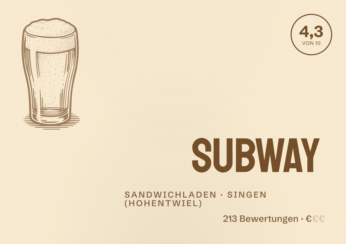 Illustriertes Poster von Subway, Sandwichladen in Singen (Hohentwiel): Bewertung 4,3 von 10 aus 213 Bewertungen, Preisniveau €