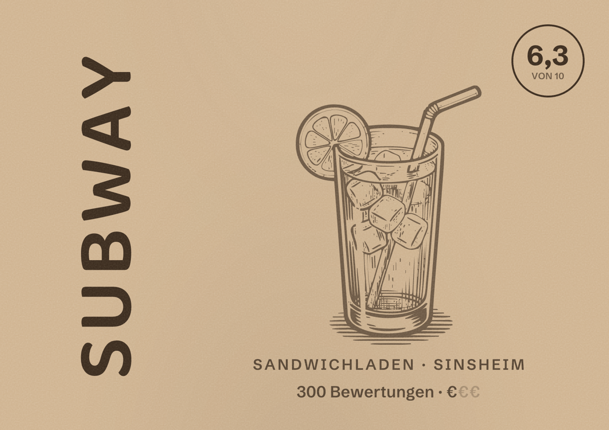 Illustriertes Poster von Subway, Sandwichladen in Sinsheim: Bewertung 6,3 von 10 aus 300 Bewertungen, Preisniveau €