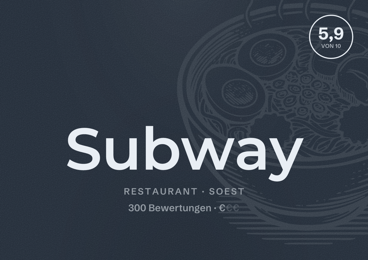 Illustriertes Poster von Subway, Restaurant in Soest: Bewertung 5,9 von 10 aus 300 Bewertungen, Preisniveau €