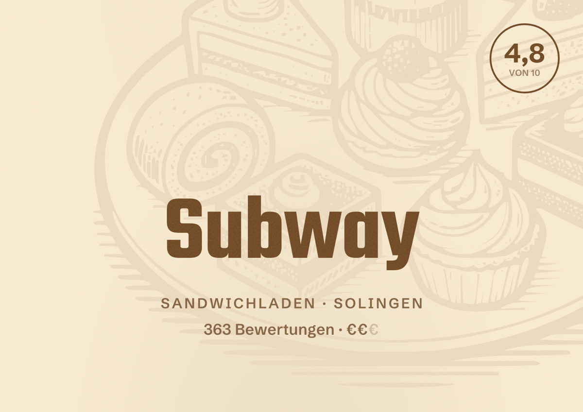 Illustriertes Poster von Subway, Sandwichladen in Solingen: Bewertung 4,8 von 10 aus 363 Bewertungen, Preisniveau €€