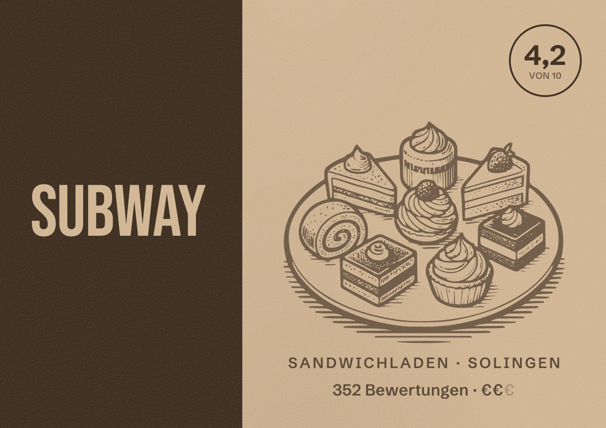 Illustriertes Poster von Subway, Sandwichladen in Solingen: Bewertung 4,2 von 10 aus 352 Bewertungen, Preisniveau €€