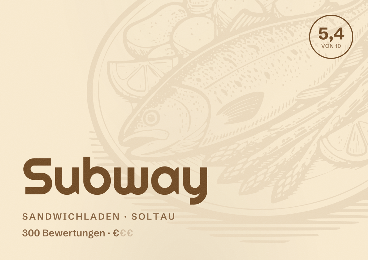 Illustriertes Poster von Subway, Sandwichladen in Soltau: Bewertung 5,4 von 10 aus 300 Bewertungen, Preisniveau €