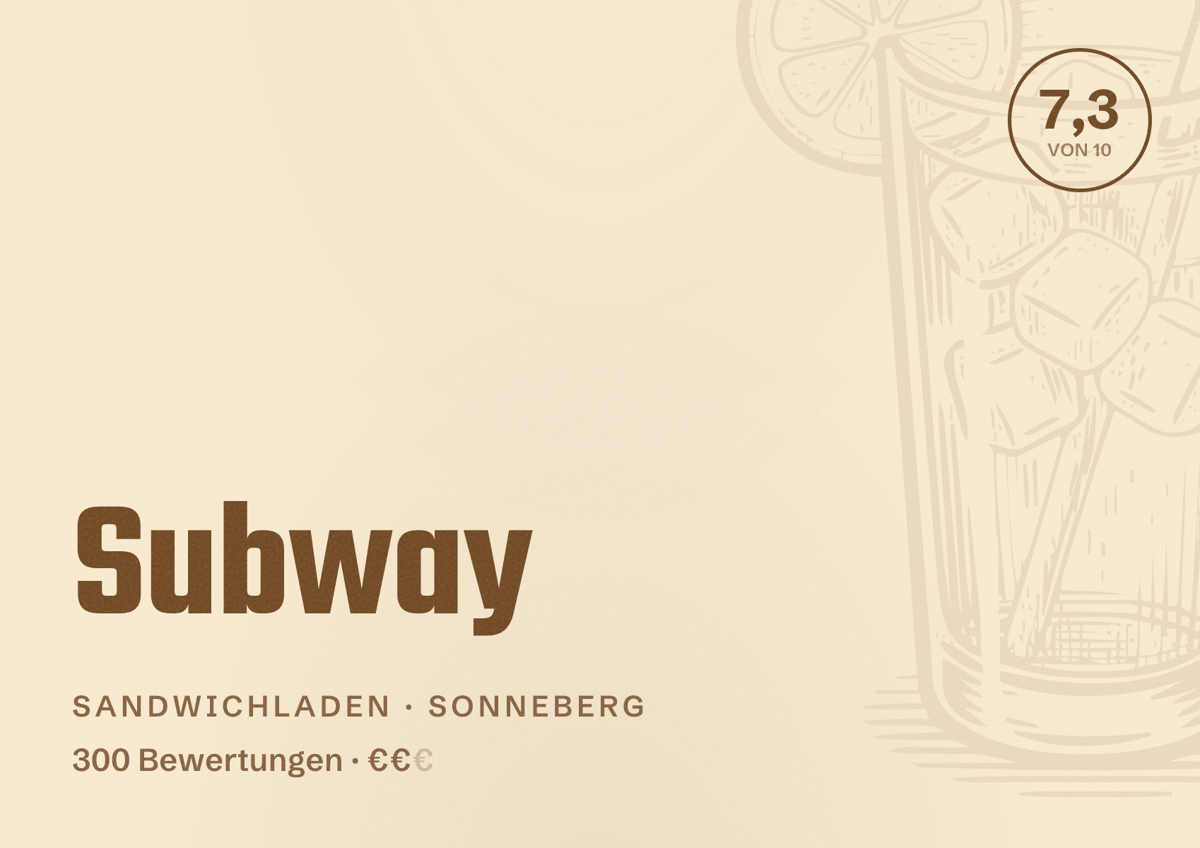 Illustriertes Poster von Subway, Sandwichladen in Sonneberg: Bewertung 7,3 von 10 aus 300 Bewertungen, Preisniveau €€