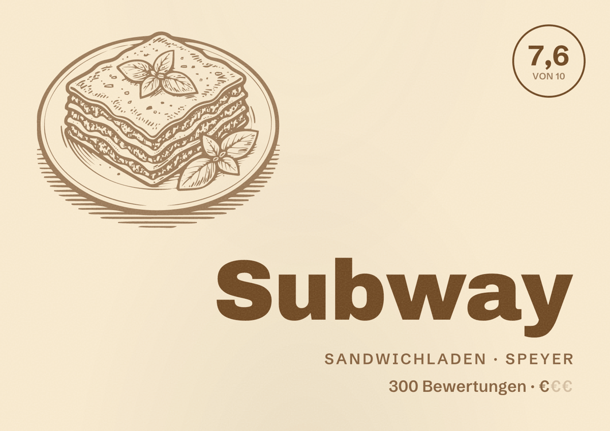 Illustriertes Poster von Subway, Sandwichladen in Speyer: Bewertung 7,6 von 10 aus 300 Bewertungen, Preisniveau €