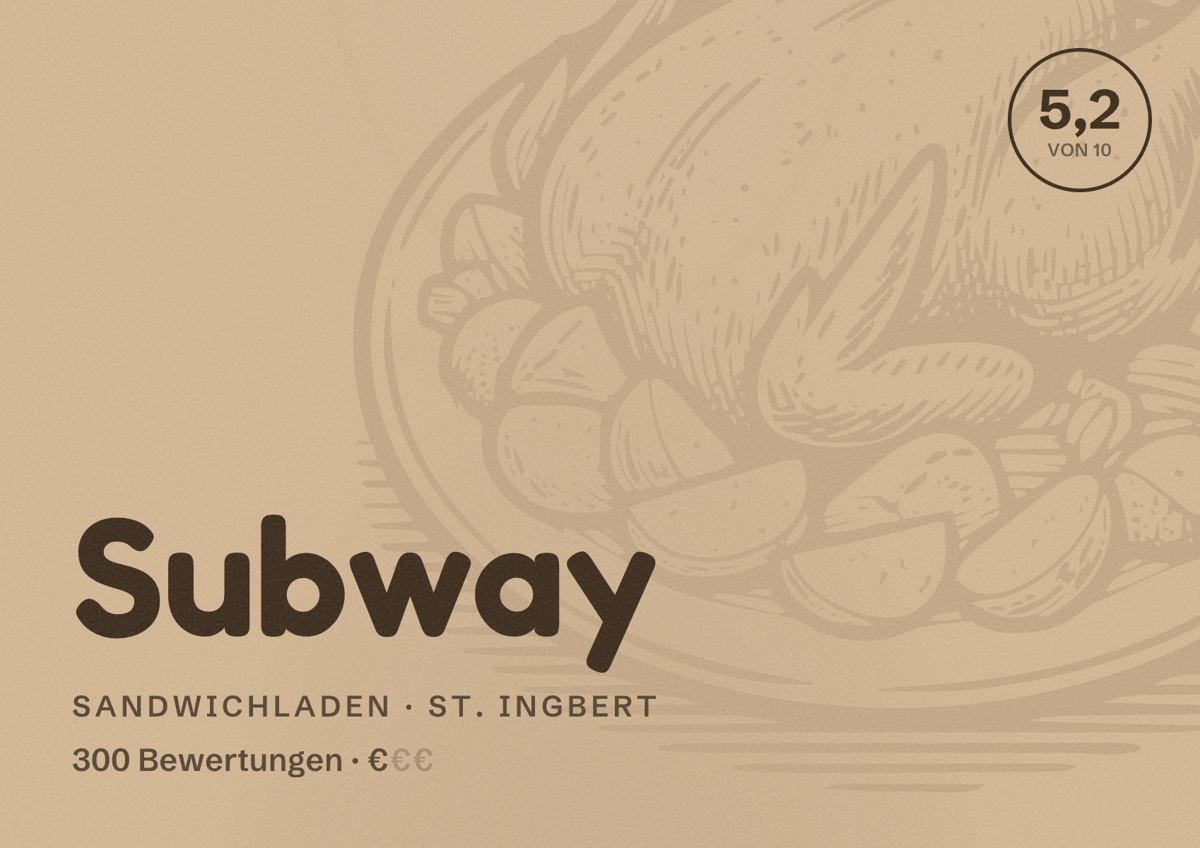 Illustriertes Poster von Subway, Sandwichladen in St. Ingbert: Bewertung 5,2 von 10 aus 300 Bewertungen, Preisniveau €