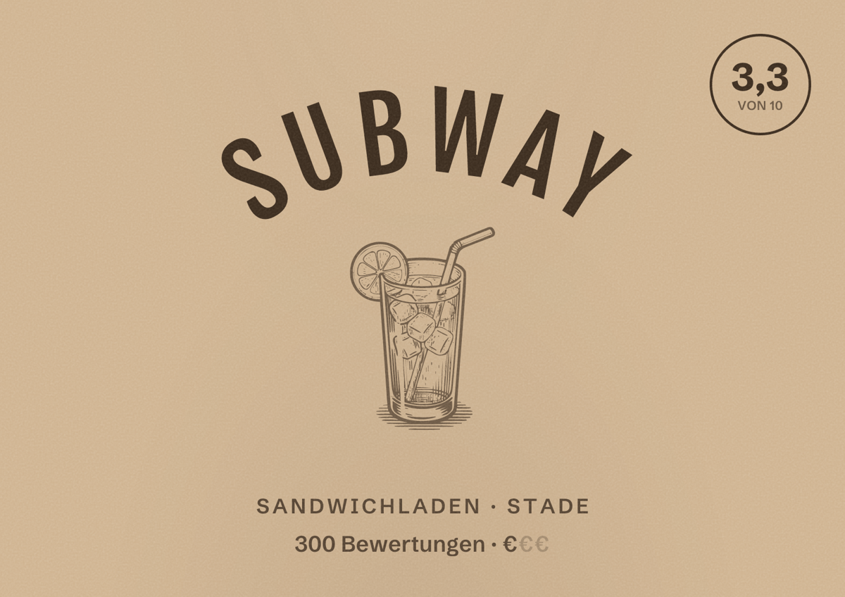 Illustriertes Poster von Subway, Sandwichladen in Stade: Bewertung 3,3 von 10 aus 300 Bewertungen, Preisniveau €