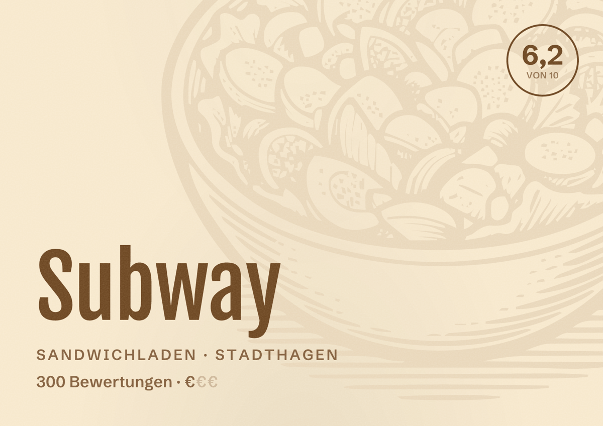 Illustriertes Poster von Subway, Sandwichladen in Stadthagen: Bewertung 6,2 von 10 aus 300 Bewertungen, Preisniveau €