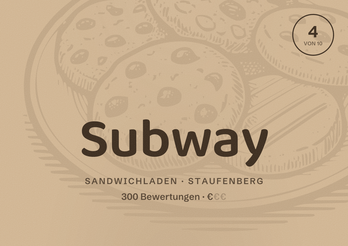 Illustriertes Poster von Subway, Sandwichladen in Staufenberg: Bewertung 4 von 10 aus 300 Bewertungen, Preisniveau €