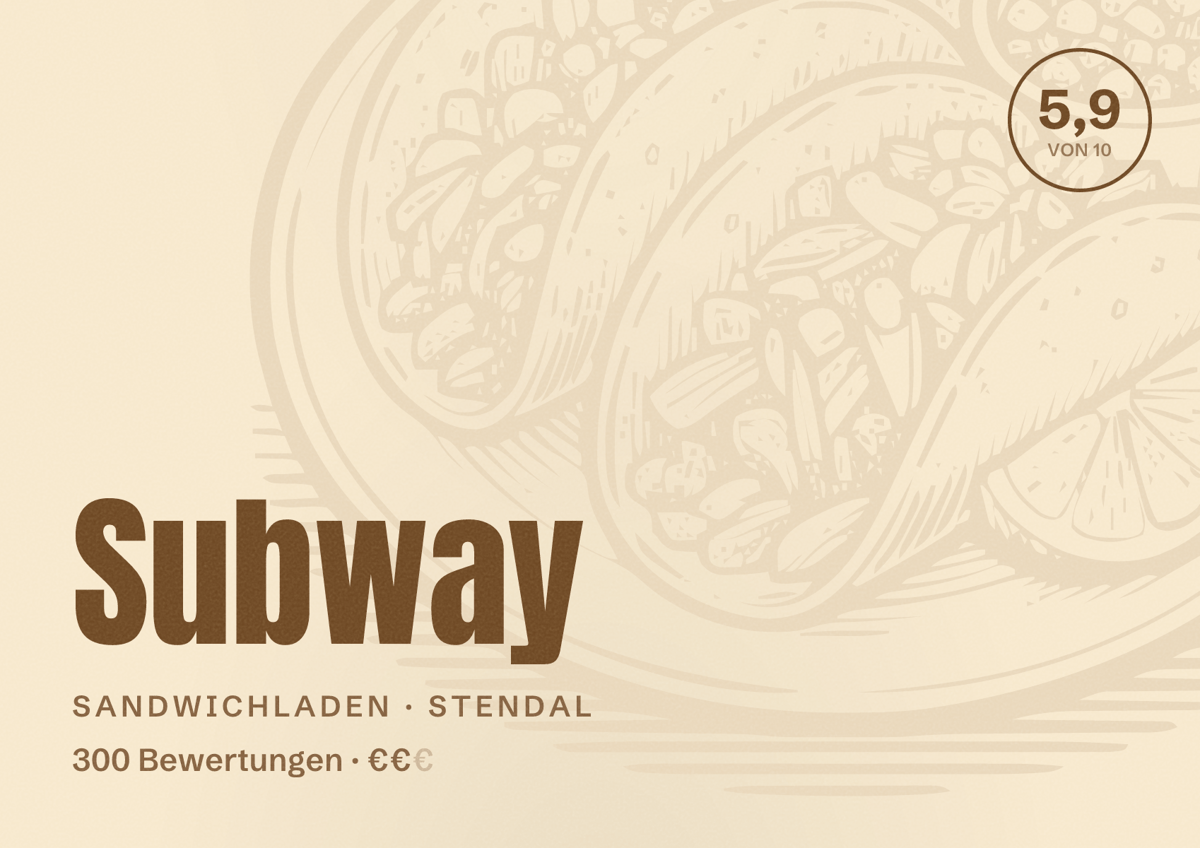 Illustriertes Poster von Subway, Sandwichladen in Stendal: Bewertung 5,9 von 10 aus 300 Bewertungen, Preisniveau €€