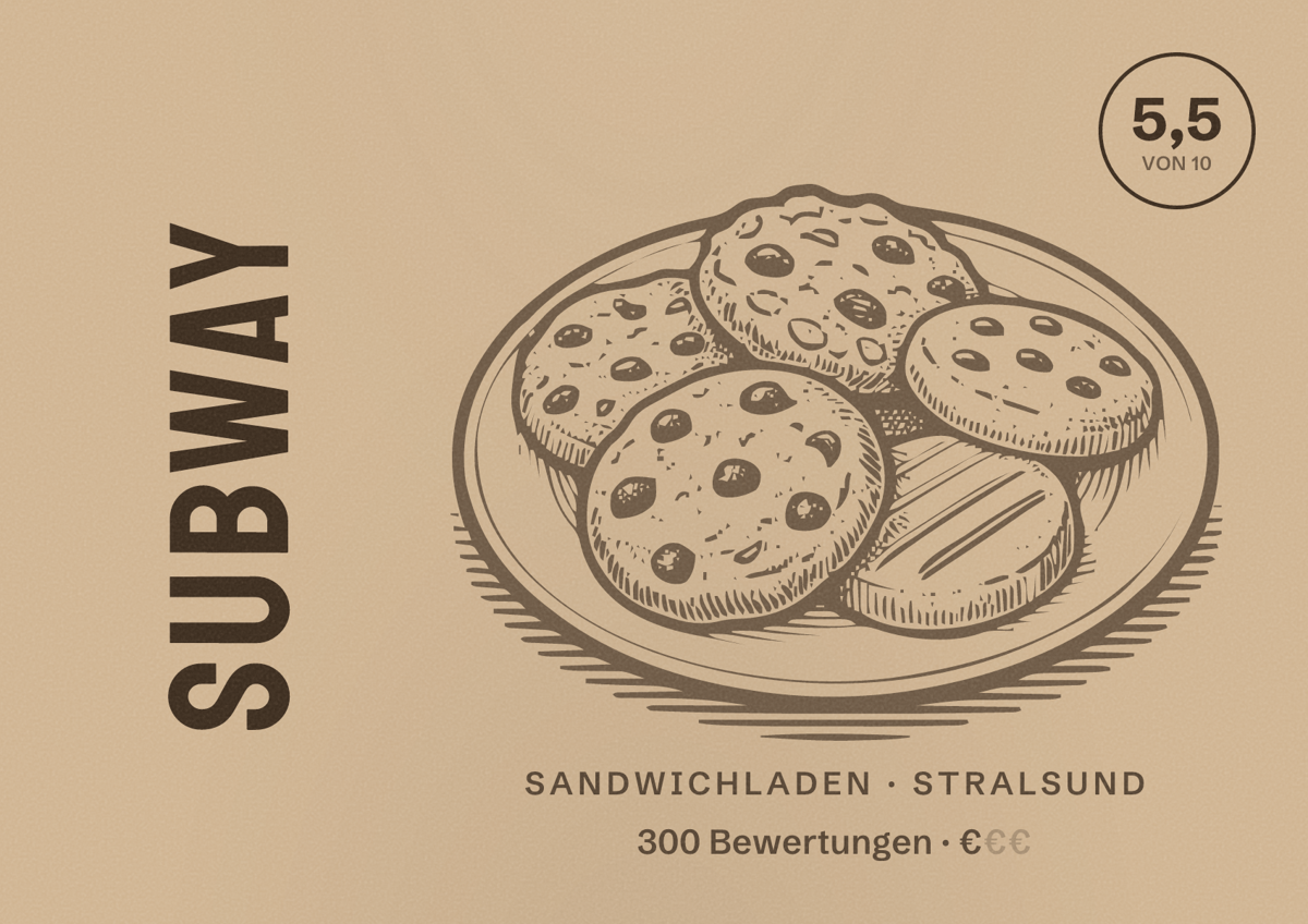 Illustriertes Poster von Subway, Sandwichladen in Stralsund: Bewertung 5,5 von 10 aus 300 Bewertungen, Preisniveau €