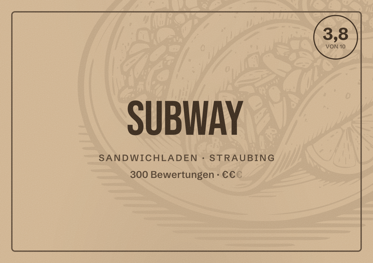 Illustriertes Poster von Subway, Sandwichladen in Straubing: Bewertung 3,8 von 10 aus 300 Bewertungen, Preisniveau €€