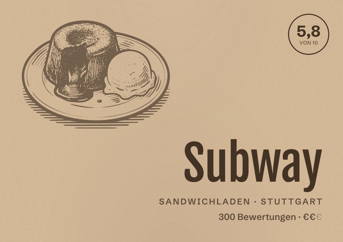 Illustriertes Poster von Subway, Sandwichladen in Stuttgart: Bewertung 5,8 von 10 aus 300 Bewertungen, Preisniveau €€
