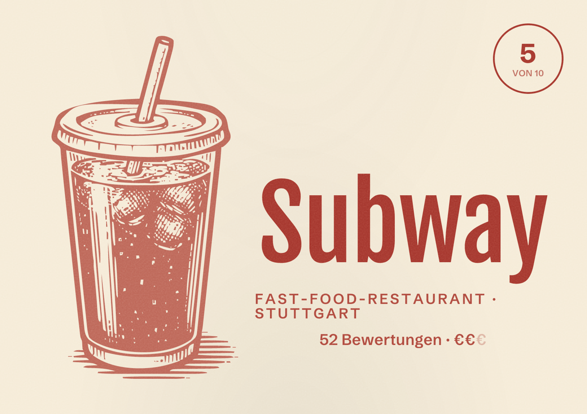 Illustriertes Poster von Subway, Fast-Food-Restaurant in Stuttgart: Bewertung 5 von 10 aus 52 Bewertungen, Preisniveau €€