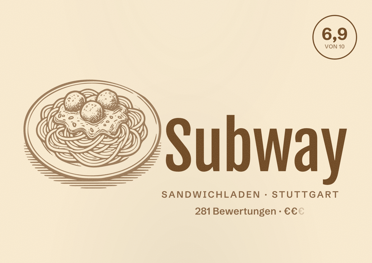 Illustriertes Poster von Subway, Sandwichladen in Stuttgart: Bewertung 6,9 von 10 aus 281 Bewertungen, Preisniveau €€