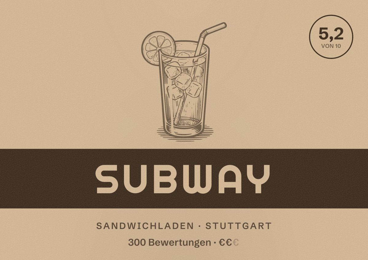Illustriertes Poster von Subway, Sandwichladen in Stuttgart: Bewertung 5,2 von 10 aus 300 Bewertungen, Preisniveau €€