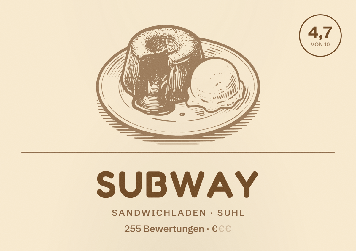 Illustriertes Poster von Subway, Sandwichladen in Suhl: Bewertung 4,7 von 10 aus 255 Bewertungen, Preisniveau €