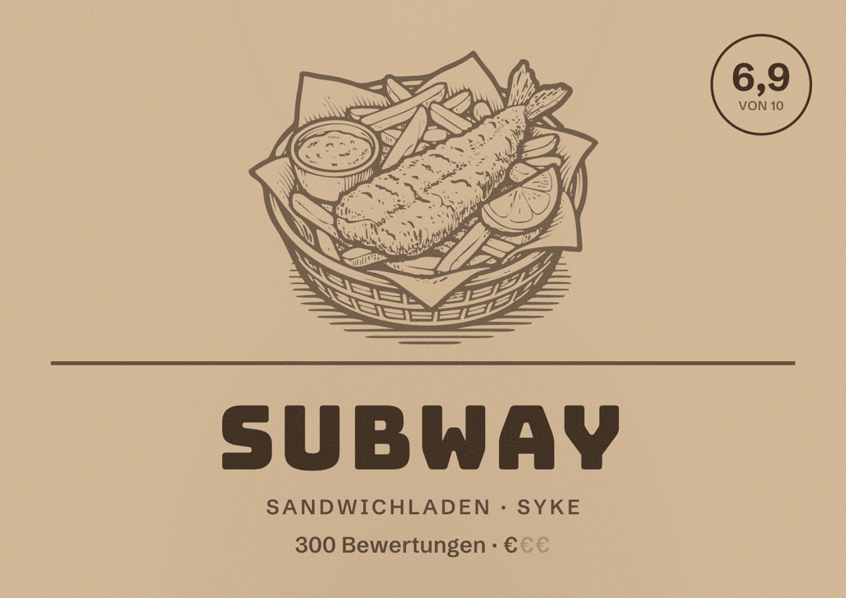 Illustriertes Poster von Subway, Sandwichladen in Syke: Bewertung 6,9 von 10 aus 300 Bewertungen, Preisniveau €