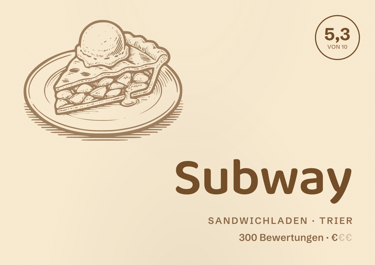 Illustriertes Poster von Subway, Sandwichladen in Trier: Bewertung 5,3 von 10 aus 300 Bewertungen, Preisniveau €