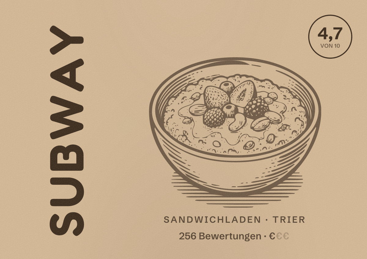Illustriertes Poster von Subway, Sandwichladen in Trier: Bewertung 4,7 von 10 aus 256 Bewertungen, Preisniveau €
