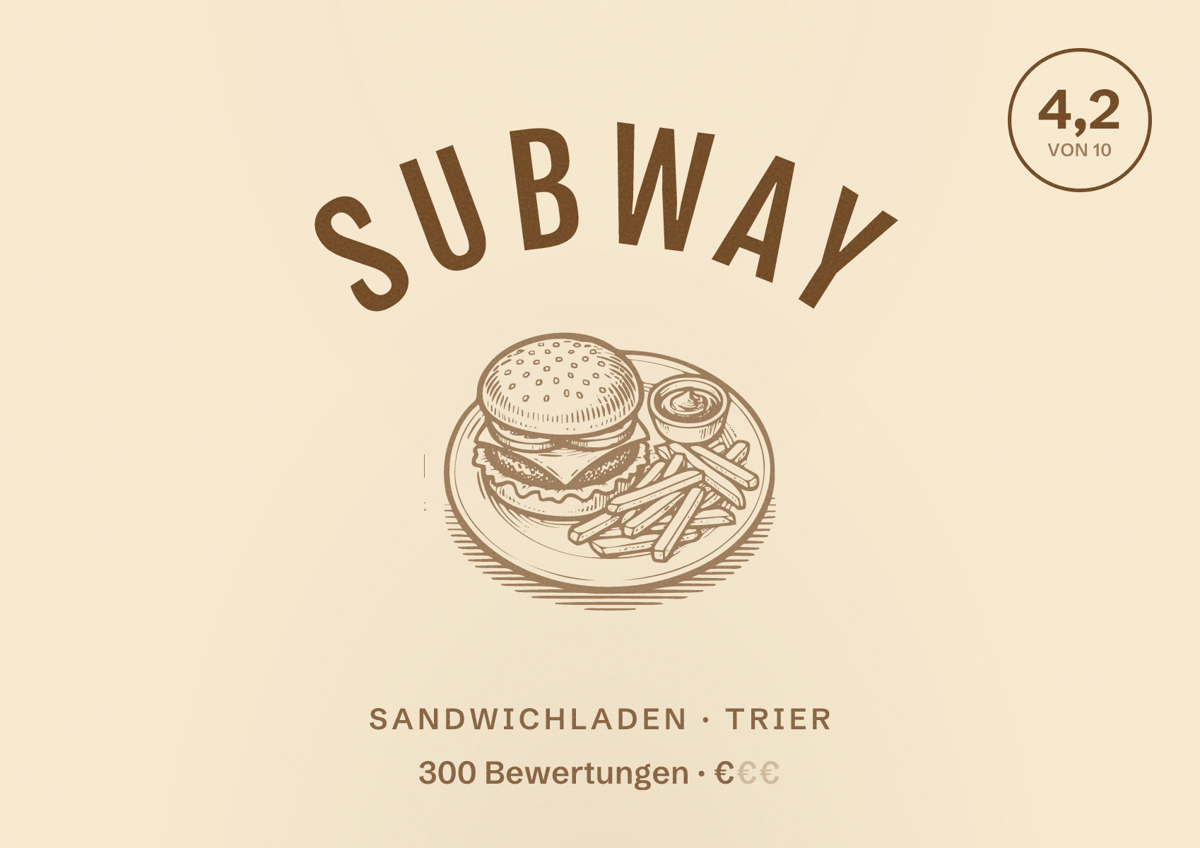 Illustriertes Poster von Subway, Sandwichladen in Trier: Bewertung 4,2 von 10 aus 300 Bewertungen, Preisniveau €