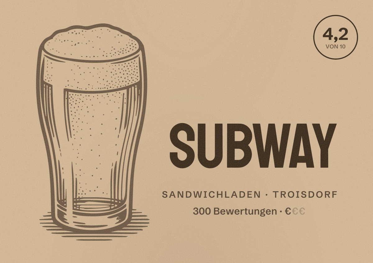 Illustriertes Poster von Subway, Sandwichladen in Troisdorf: Bewertung 4,2 von 10 aus 300 Bewertungen, Preisniveau €