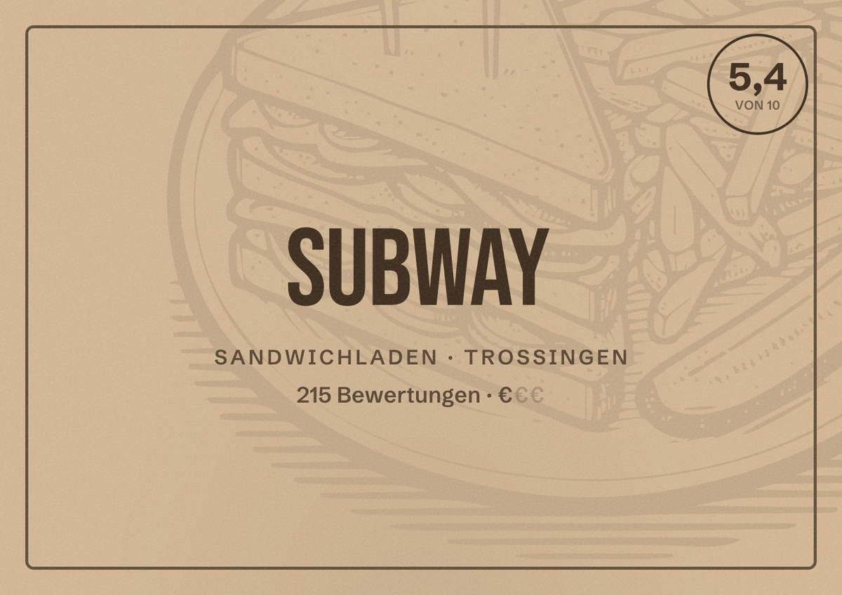 Illustriertes Poster von Subway, Sandwichladen in Trossingen: Bewertung 5,4 von 10 aus 215 Bewertungen, Preisniveau €