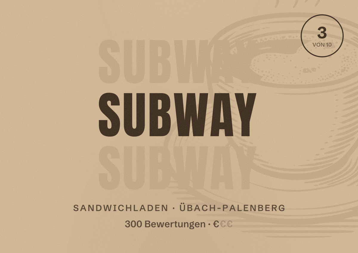 Illustriertes Poster von Subway, Sandwichladen in Übach-Palenberg: Bewertung 3 von 10 aus 300 Bewertungen, Preisniveau €