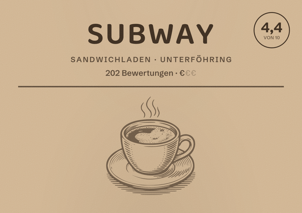 Illustriertes Poster von Subway, Sandwichladen in Unterföhring: Bewertung 4,4 von 10 aus 202 Bewertungen, Preisniveau €