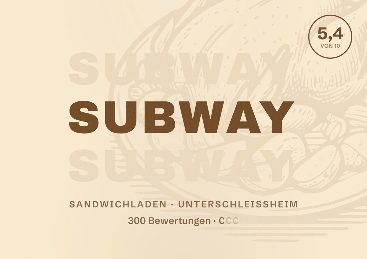 Illustriertes Poster von Subway, Sandwichladen in Unterschleißheim: Bewertung 5,4 von 10 aus 300 Bewertungen, Preisniveau €