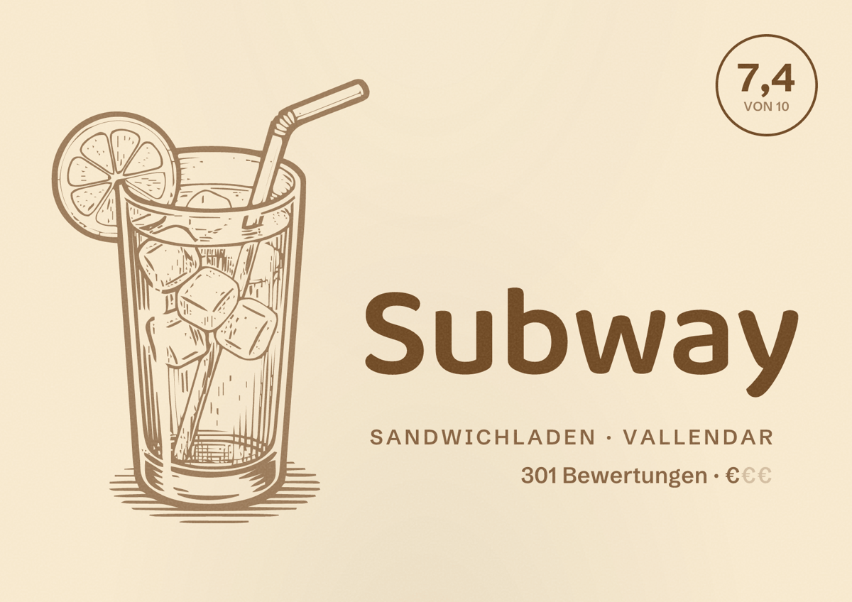 Illustriertes Poster von Subway, Sandwichladen in Vallendar: Bewertung 7,4 von 10 aus 301 Bewertungen, Preisniveau €