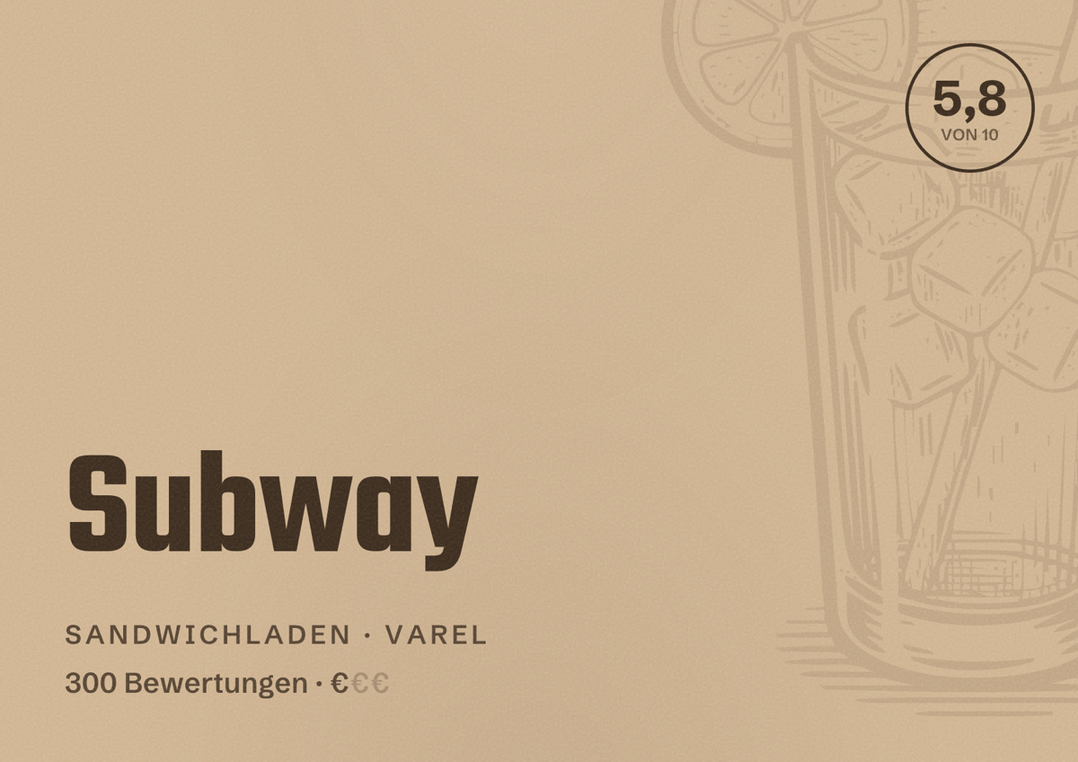 Illustriertes Poster von Subway, Sandwichladen in Varel: Bewertung 5,8 von 10 aus 300 Bewertungen, Preisniveau €