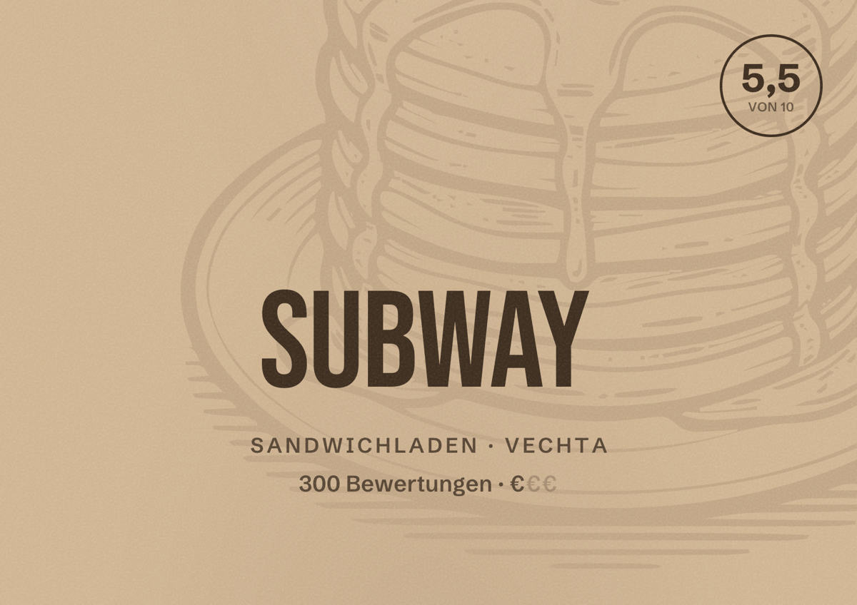 Illustriertes Poster von Subway, Sandwichladen in Vechta: Bewertung 5,5 von 10 aus 300 Bewertungen, Preisniveau €