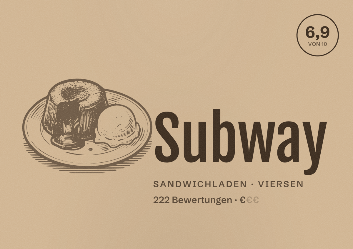 Illustriertes Poster von Subway, Sandwichladen in Viersen: Bewertung 6,9 von 10 aus 222 Bewertungen, Preisniveau €